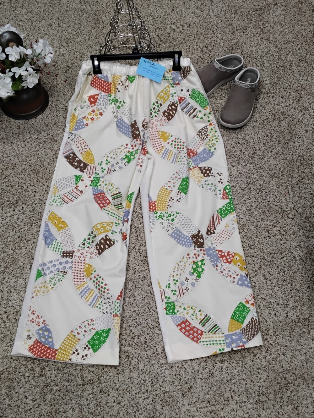 4052 Size XL Linen Blend Patchwork Print Loose Pull On Pants